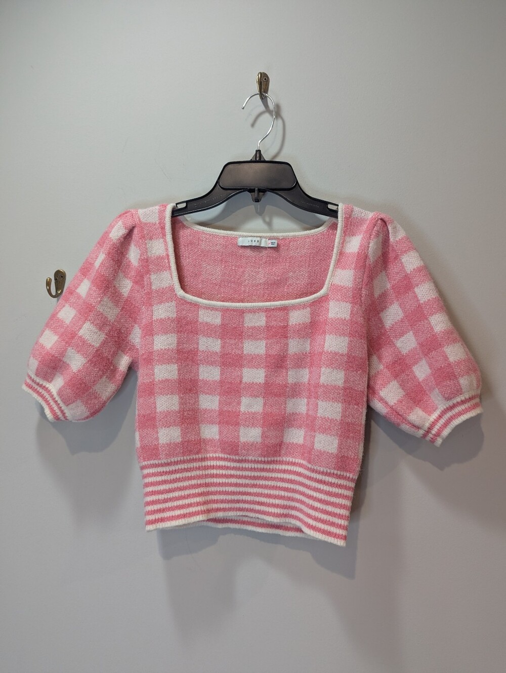Lush Pink Gingham Plaid Puffed Short Sleeve Cropped Square Neck Striped Sweater